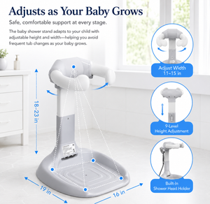 Measurement diagram: 18 to 23 inch support height across nine levels, 11 to 15 inch chest arm, 19 by 16 inch base