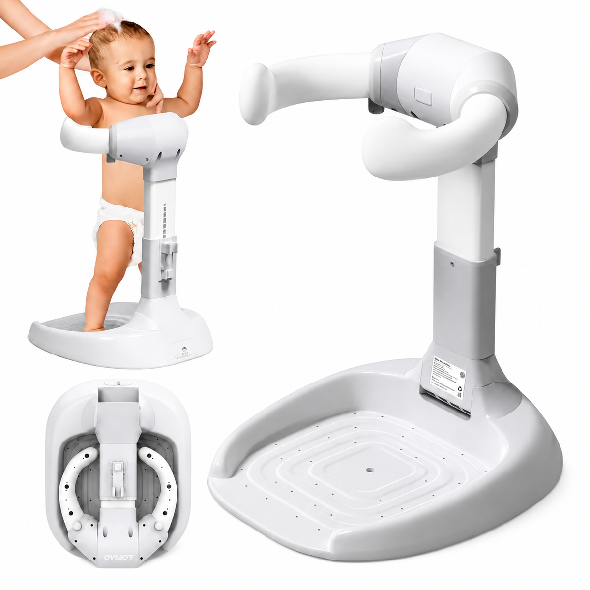 Adjustable baby shower stand shown from the front and side, with its wide non-slip base, adjustable post and curved chest arm