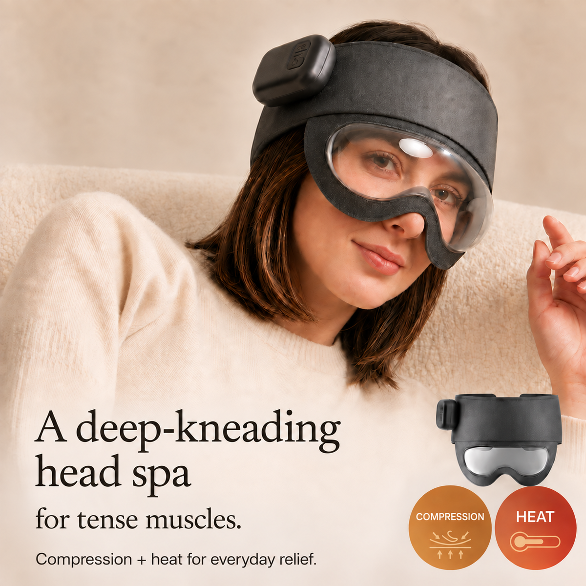 Vorelis head massager with a serif headline and matching for tense muscles text